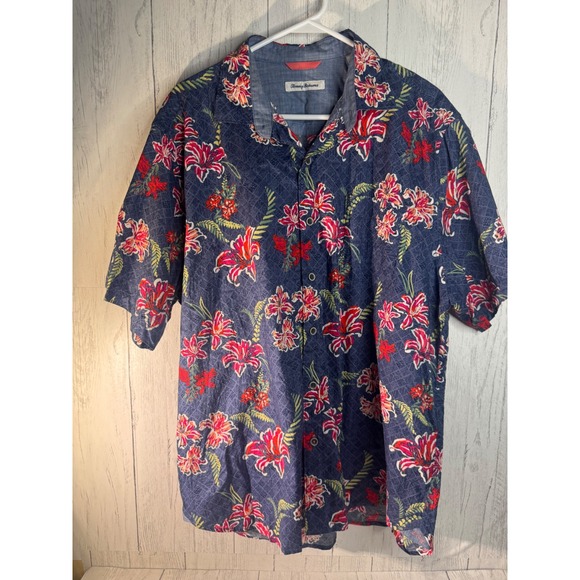 Tommy Bahama Mens Large Blue Floral Tropical Short Sleeve Button Down Shirt - Picture 2 of 4